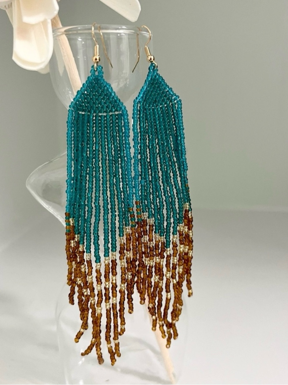 Shimmery Teal and Brown Beaded Fringe Earrings